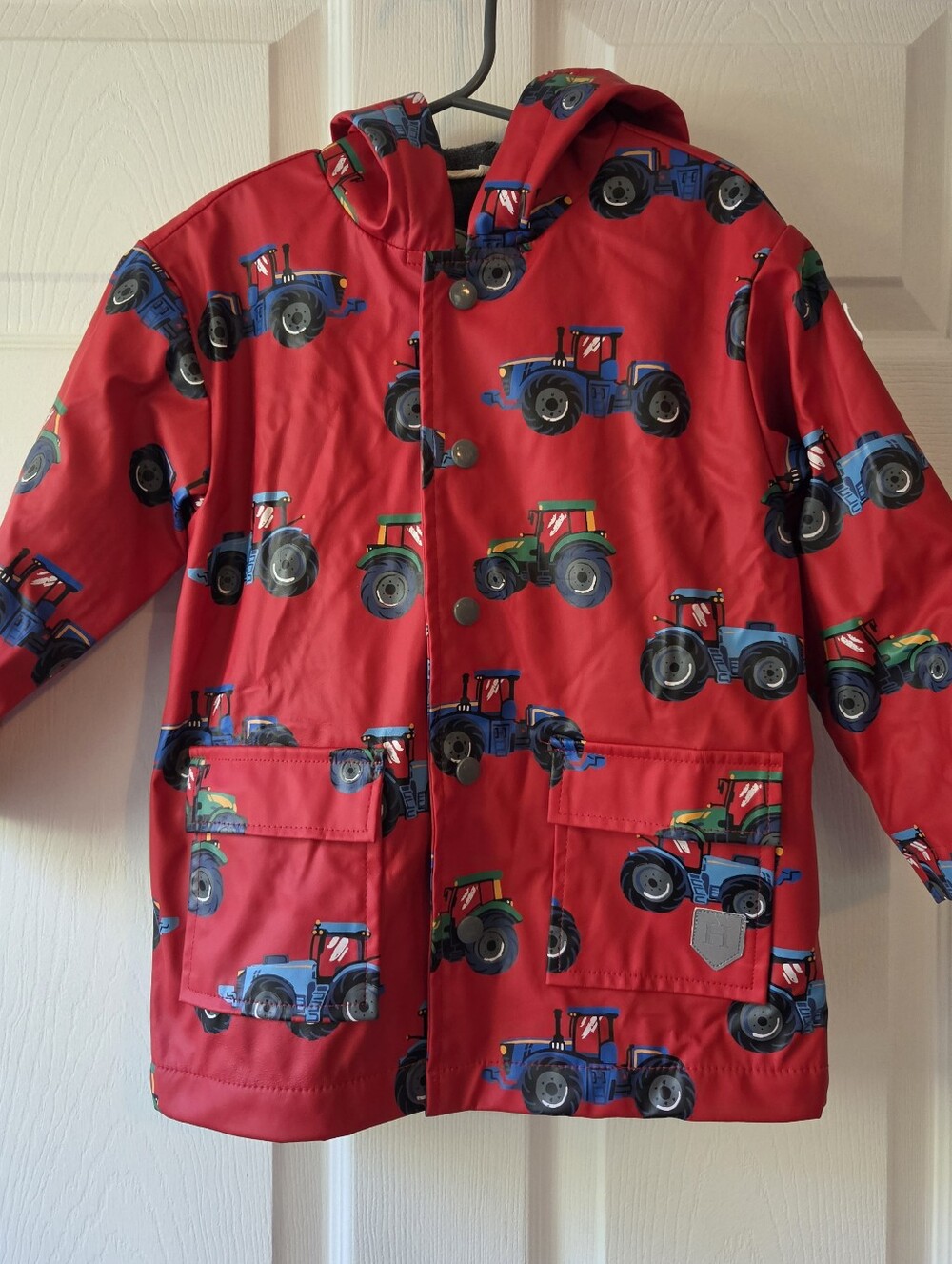 Hatley Farm Tractors Raincoat Kids Size 4 Red & Blue/Green Tractor Print